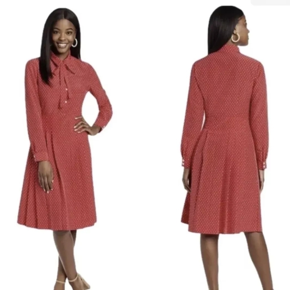 Draper James sz 18 lipstick red polka dot printed tie neck shirt dress new